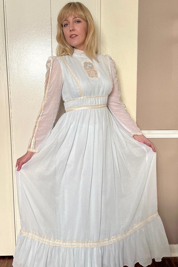 Vintage 70s Baby Blue Cameo Lace Gunne Sax Maxi Dress… - Gem