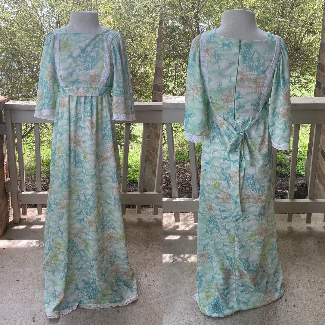 Vintage 1970s Teal Animal horse Print Maxi Dress Medium Etsy