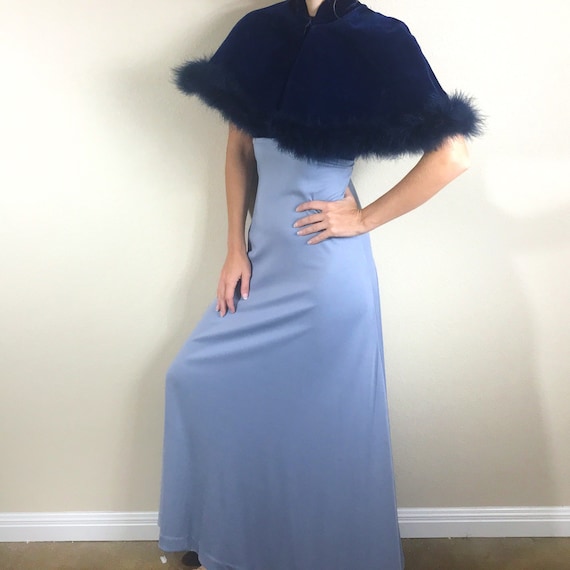 1970s Vintage Ice Blue Gown with Velvet fur trim C