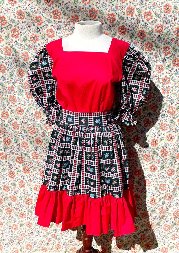 Vintage Handmade Gingham Floral Red Square Dance … - image 5