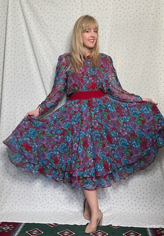 Vintage 80s Diane Freis Red + Purple Floral Midi … - image 8