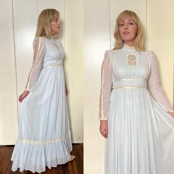 Vintage 70s Baby Blue Cameo Lace Gunne Sax Maxi Dress… - Gem