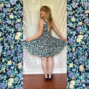 Vintage 1980’s Laura Ashley Black Blue Floral Dress Small