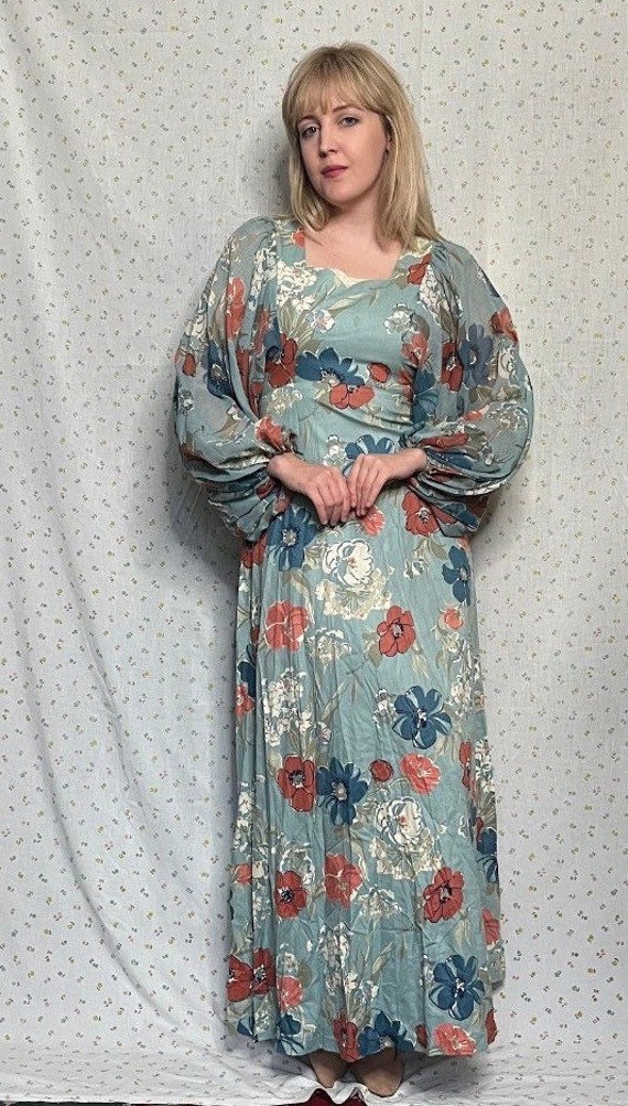 1970s Vintage Blue Floral Dolman-Balloon Sleeve B… - image 7