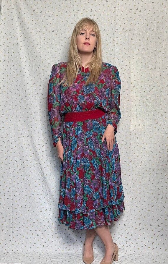 Vintage 80s Diane Freis Red + Purple Floral Midi … - image 6