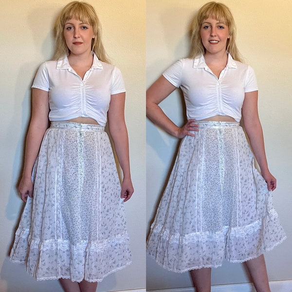 Vintage 1970’s "Gunne Sax by Jessica McClintock" White Floral Midi Skirt