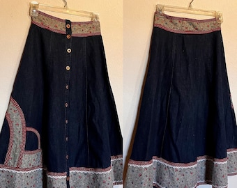 Vintage 1970’s "Gunne Sax by Jessica McClintock" Denim & Calico Midi Skirt