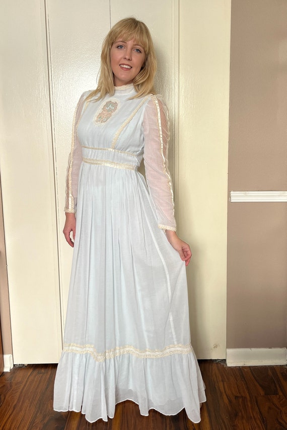 Vintage 70s Baby Blue Cameo Lace Gunne Sax Maxi Dress… - Gem