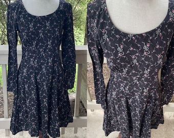 Handmade Floral Black Bow Long Sleeve Day Dress Medium