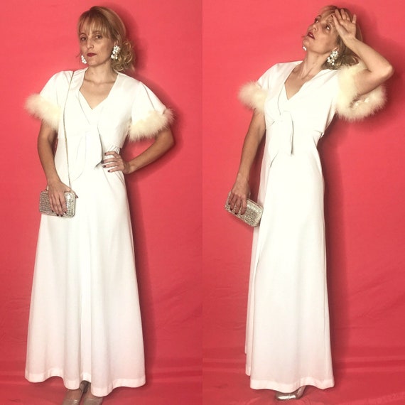 1970 70s White Fur Trim Two Piece Maxi Gown and Ja