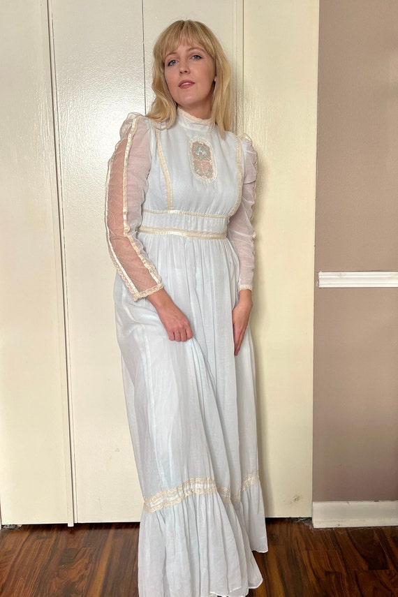 Vintage 70s Baby Blue Cameo Lace Gunne Sax Maxi Dress… - Gem