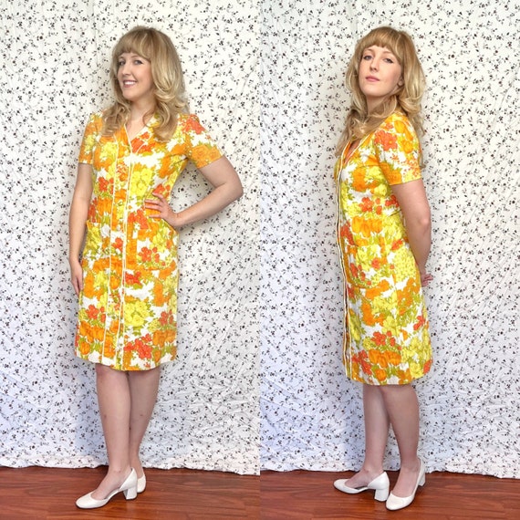 Vintage 60’s Yellow Orange Groovy Floral Dress Me… - image 1