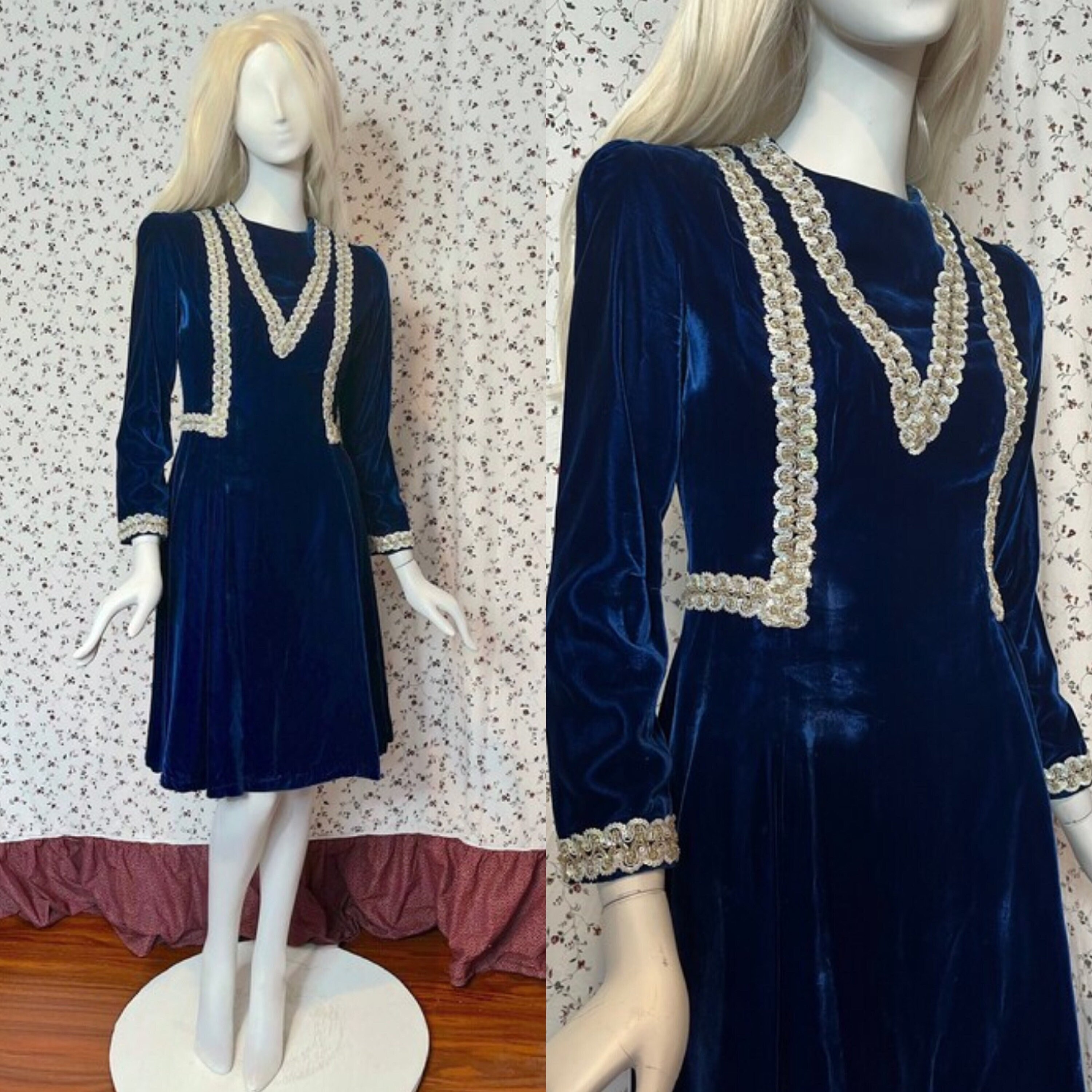 Vintage 1960s Blue Velvet Sequin Long Sleeve Fit and Flare Dress