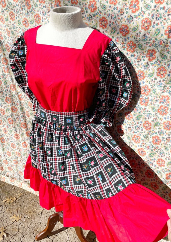 Vintage Handmade Gingham Floral Red Square Dance … - image 3