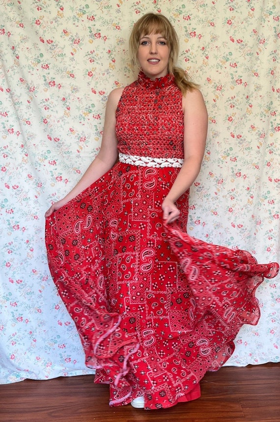 70s Vintage Red Bandana Maxi Dress by Nancy’s (Me… - image 6