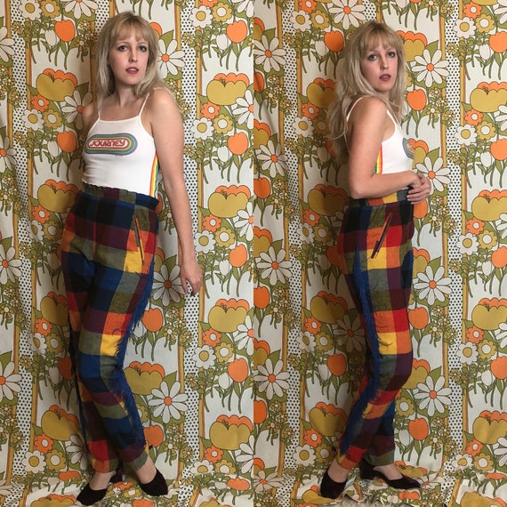1970's Pant Vintage 70s Rainbow Plaid Pant 70's Fr