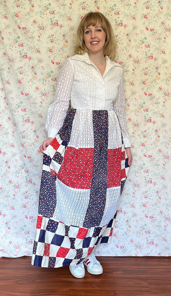 70s Vintage Red, White, and Blue Collared Calico … - image 6