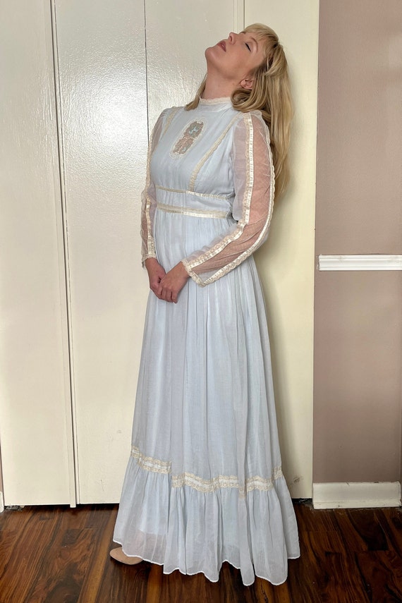 Vintage 70s Baby Blue Cameo Lace Gunne Sax Maxi Dress… - Gem