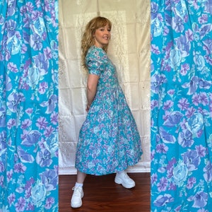 Vintage Laura Ashley 80s Blue Purple Floral Dress Medium image 1