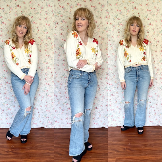 Vintage 90’s Laura Ashley Floral White Cardigan M… - image 1