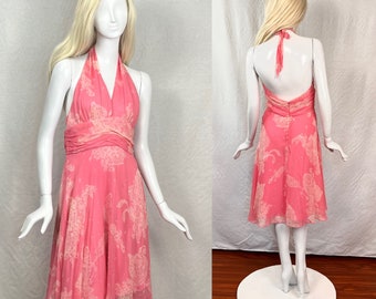 Vintage Y2K Pink Silk Chiffon Beaded Paisley Halter Dress
