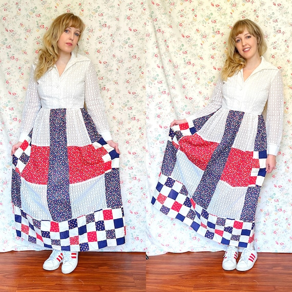 70s Vintage Red, White, and Blue Collared Calico … - image 1