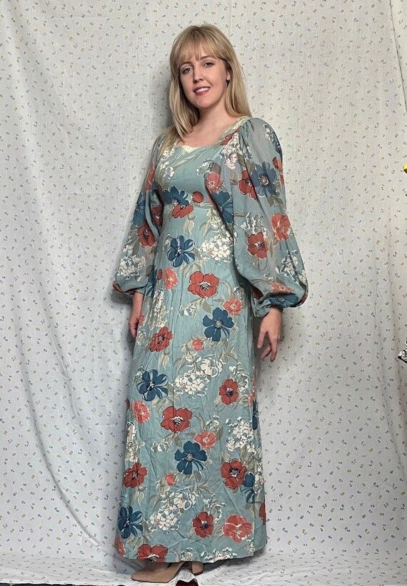 1970s Vintage Blue Floral Dolman-Balloon Sleeve B… - image 3