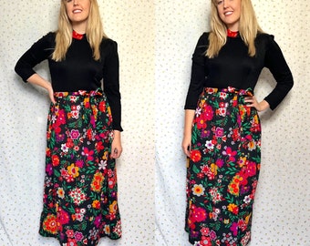 Vintage 70s Black + Red Floral Maxi Dress w/ Tie Belt