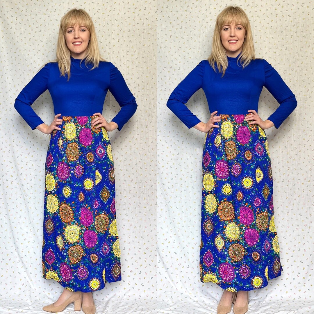 1970s Vintage Blue  Floral Print Long Sleeve  Maxi Dress M