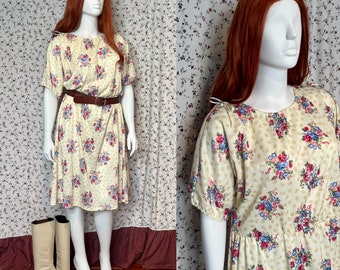 Vintage 70s Bouquet of Roses Print Beige Poly Floral Midi Dress