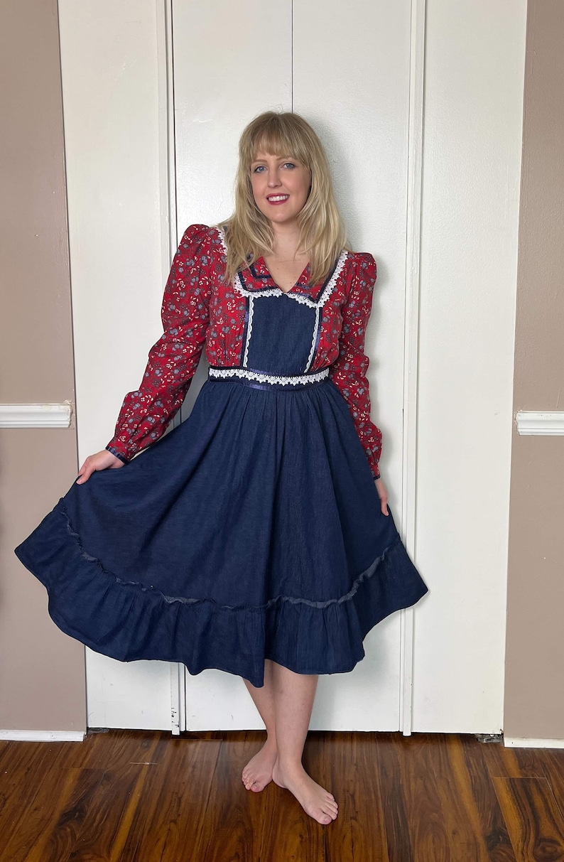 Vintage 70s Gunne Sax Denim Midi Dress, & Red Calico Sailor Collar Midi ...