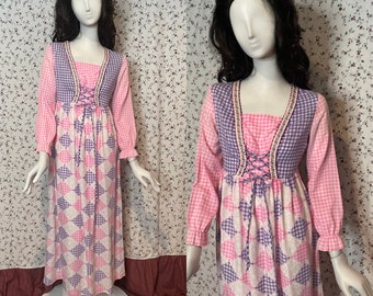 Vintage 1970’s Gingham Pink Purple Prairie Renaissance Style Vintage Dress Medium