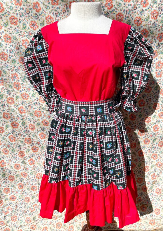 Vintage Handmade Gingham Floral Red Square Dance … - image 2