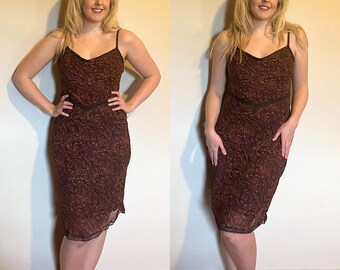 Vintage 1990's Betsey Johnson Burgundy & Gold Snake Print Slip Midi Dress w/ Matching Slip