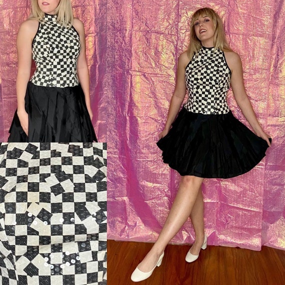 Vintage 80s Lillie Rubin Checkered Party Mini Dre… - image 1