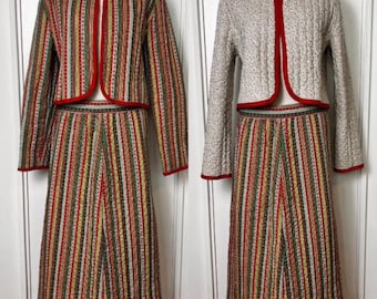 Vintage 1970's Home-sewn Quilted Christmas Colors Red, Green, & White Stripe Calico Reversible Jacket  Skirt Set
