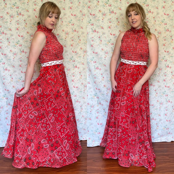 70s Vintage Red Bandana Maxi Dress by Nancy’s (Me… - image 1