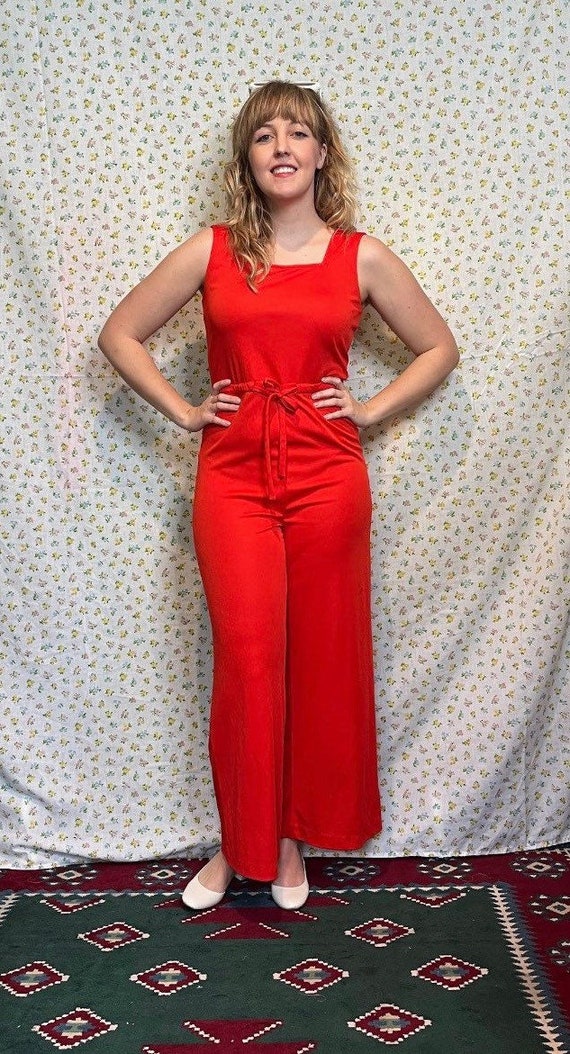 Vintage 70’s Red Orange Sleeveless Jumpsuit small - image 4