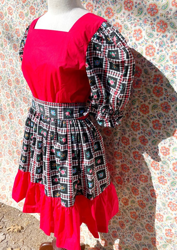 Vintage Handmade Gingham Floral Red Square Dance … - image 6