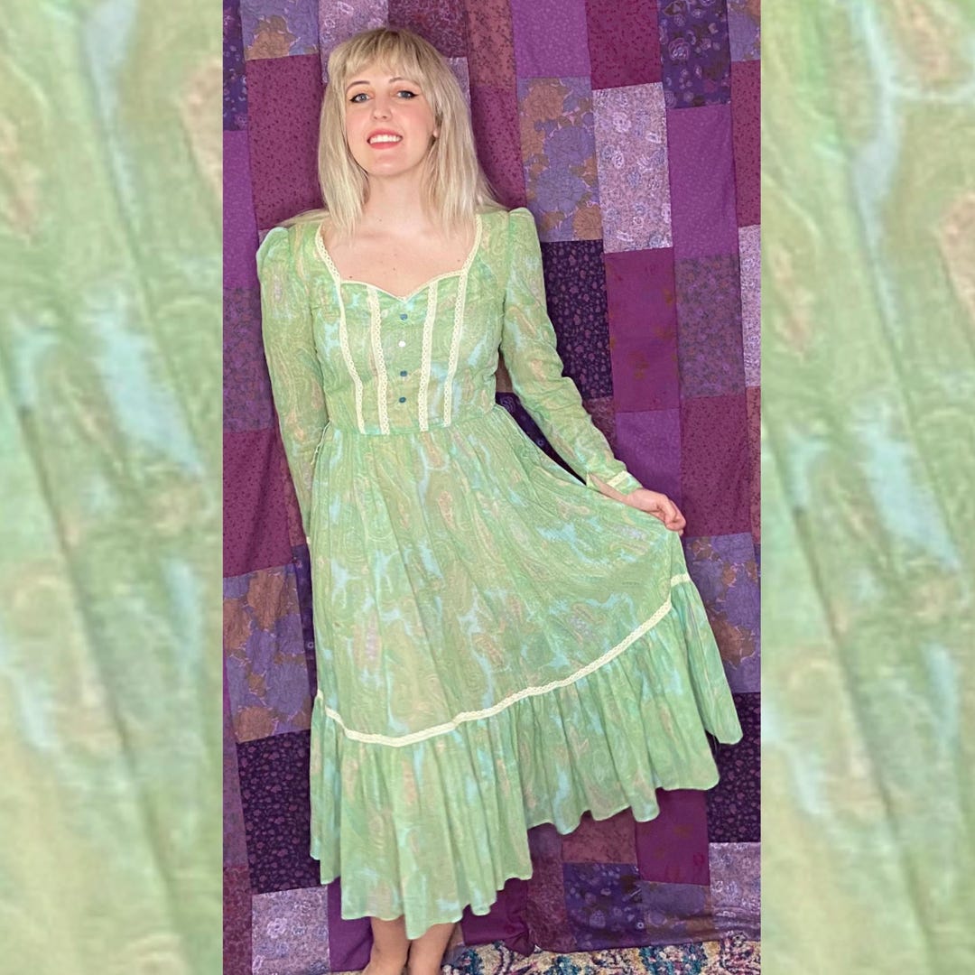 Handmade Vintage Green Dress 70s Gunne Sax Style Boho Prairie Midi - Etsy
