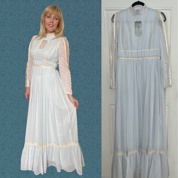 Vintage 70s Baby Blue Cameo Lace Gunne Sax Maxi Dress… - Gem
