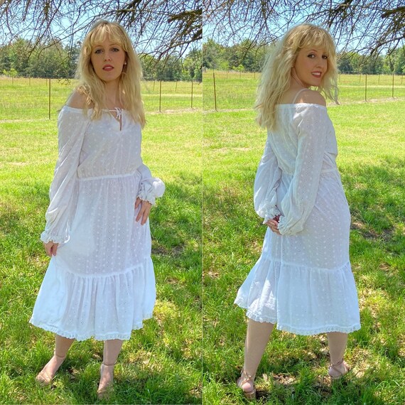 Vintage 70’s White Hippie Midi Off-the-Shoulder C… - image 1