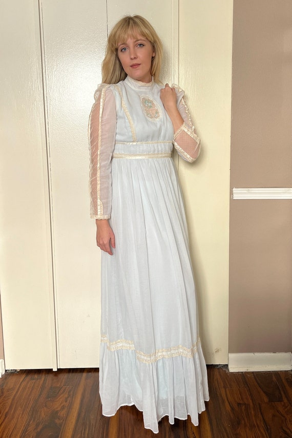 Vintage 70s Baby Blue Cameo Lace Gunne Sax Maxi Dress… - Gem