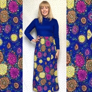 Vintage 70s Electric Blue Floral Maxi Dress Medium