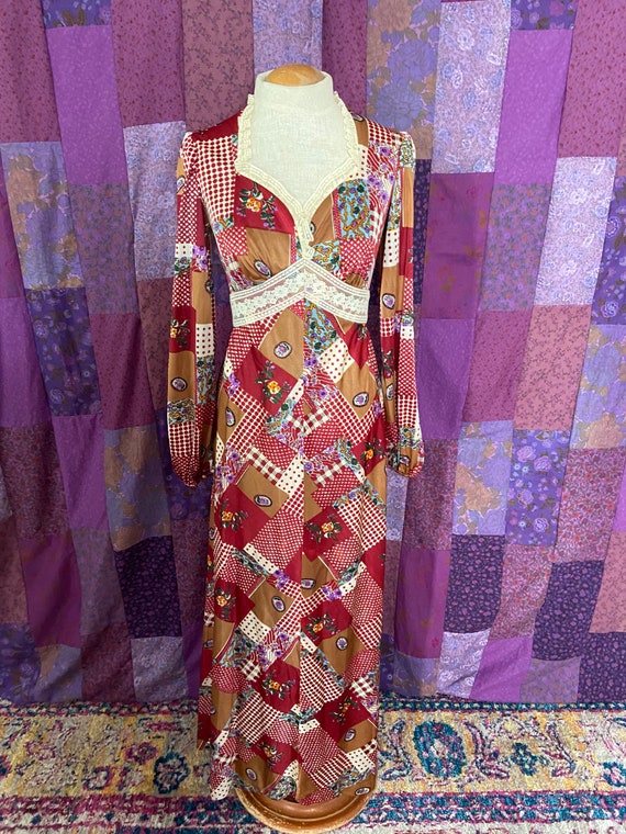 Vintage 70’s This is Yours Red Patchwork Dress Si… - image 5