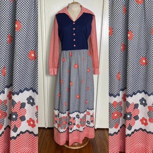 Vintage 1970&#39;s Blue & Red Mod Flower Maxi Dress