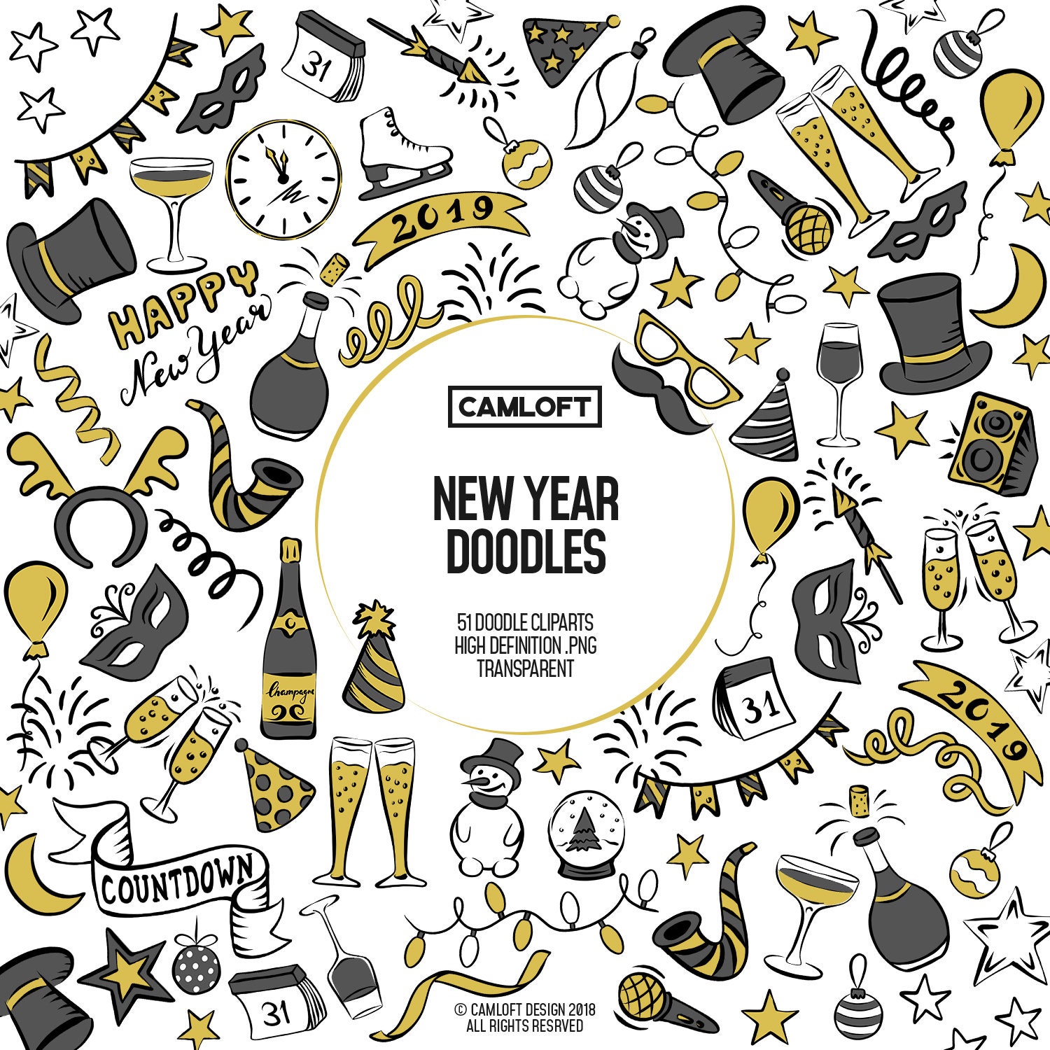 New Year Doodle Cliparts, New Year Doodles, Doodle Drawings, New Year Cliparts, Hand Drawn
