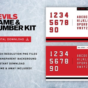 Puede incluir: Un kit de descarga digital para nombres y números del equipo de hockey de los Devils. El kit incluye números rojos y blancos del 1 al 90 y el alfabeto, con opciones de local y visitante. Texto: "DEVILS NAME & NUMBER KIT" y "DIGITAL DOWNLOAD".