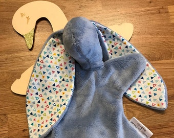 Snuggle bunny, baby comforter, Denim with colourful triangles