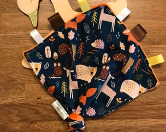 Baby comforter, Taggy blanket, Baby sensory toy, baby gift, Woodland